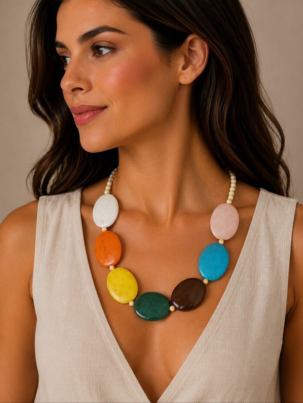 VTG 1980s Colorful Rainbow Oval Acrylic Fiesta Beaded Statement Necklace
